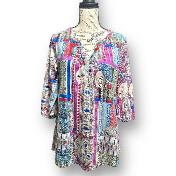 Kate Park PL Gray Cream Blue Boho Patchwork Tunic Top Artsy Retro Festival Chic - Picture 1 of 12